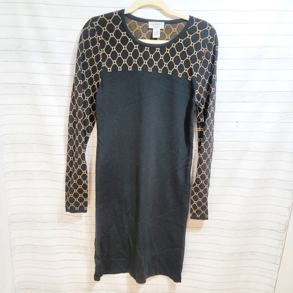 Carmen Marc Valvo Black and Tan Knit Sweater Dress, sz Large - Picture 1 of 7